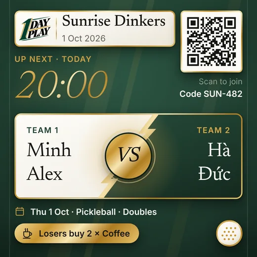 Up next card: Minh and Alex against Hà and Đức at 20:00, losers buy 2 coffees